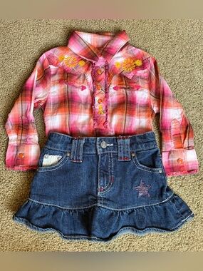 Baby Girl Wrangler Western Plaid Button-Front Top 12 mo Denim Jean Skirt 6/9 mo